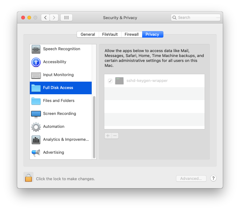 Catalina Full Disk Access dialog