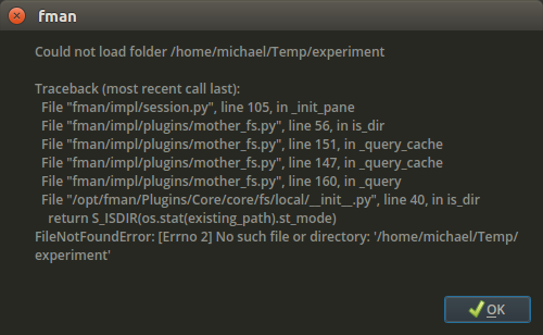 fman displaying an ugly error message saying that a directory does not exist.