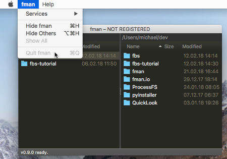 The menu in fman on Mac; The Quit entry is disabled.